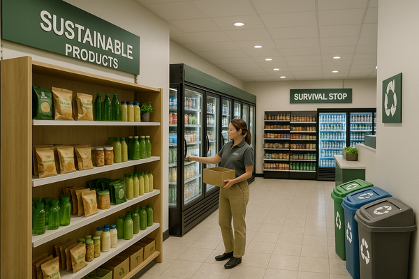 Survival Stop employee restocking sustainable products section featuring eco-friendly beverages and snacks, with recycling bins and beverage coolers in modern store layout.
