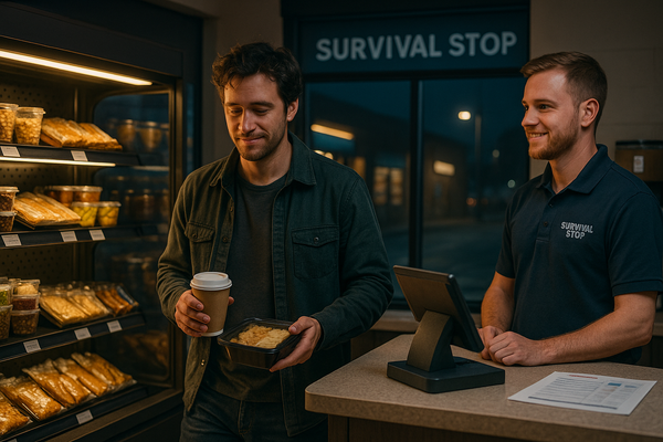 Customer grabbing coffee in a brightly lit 24/7 Survival Stop convenience store with stocked shelves and an employee at the counter.