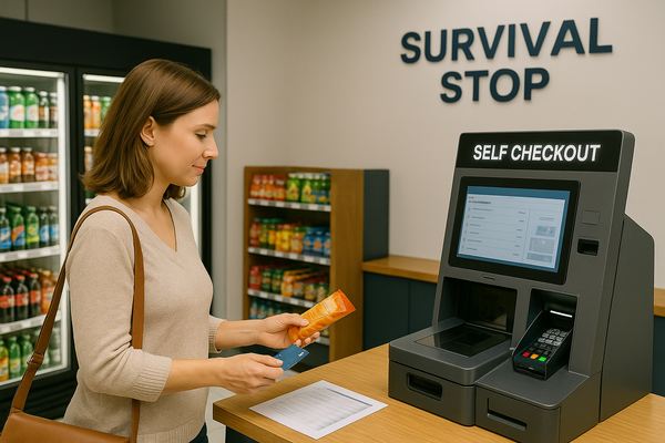 Woman scanning an item at a self-checkout kiosk inside a Survival Stop convenience store.