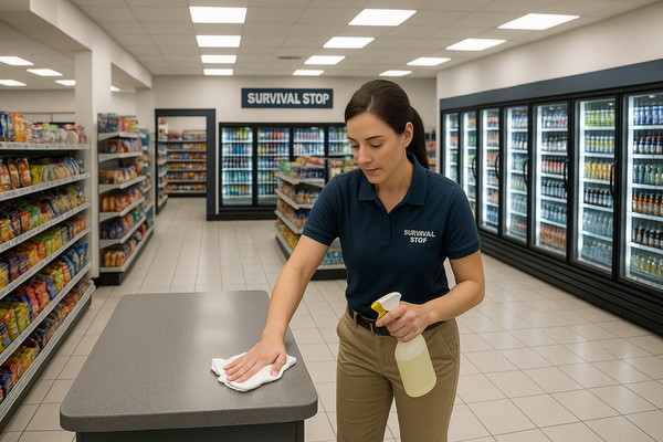 Female Survival Stop employee in navy polo cleaning counter surface with spray bottle and cloth in bright, well-organized convenience store with beverage coolers.