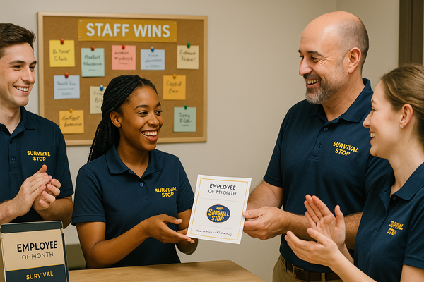 Manager presenting Employee of Month certificate to smiling female Survival Stop employee while team applauds, with Staff Wins recognition board visible in background.