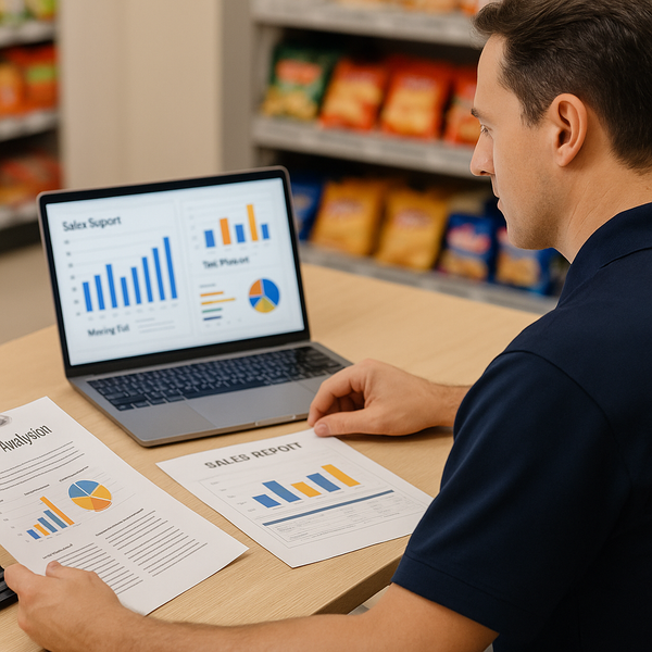 Man in navy shirt analyzing sales report dashboard on laptop screen with printed charts and graphs spread on wooden desk in retail store setting.