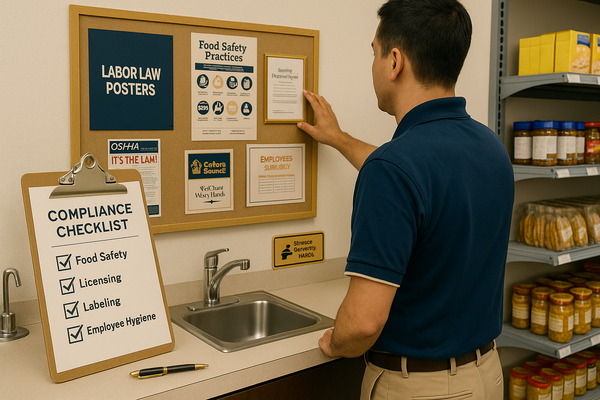 Male manager in navy polo examining compliance board with labor law posters, food safety practices, and licensing requirements next to compliance checklist on counter.