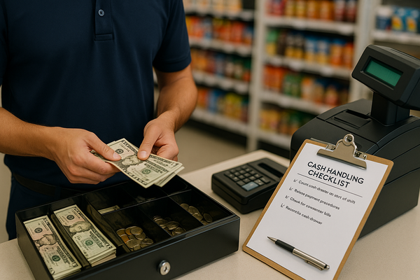 Person in navy shirt counting dollar bills at cash register with open drawer and clipboard showing "Cash Handling Checklist" in convenience store setting.