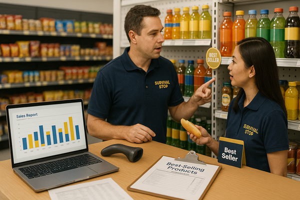 Male and female Survival Stop employees discussing best-selling products near beverage display with laptop showing sales report and clipboard with product analysis.