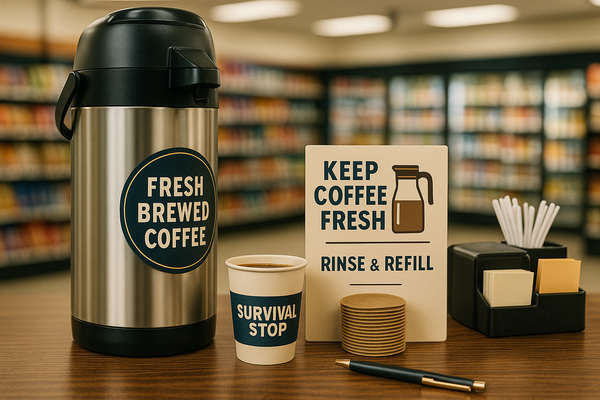 Coffee station with stainless steel airpot labeled "Fresh Brewed Coffee", Survival Stop branded cup, and "Keep Coffee Fresh - Rinse & Refill" sign with supplies.