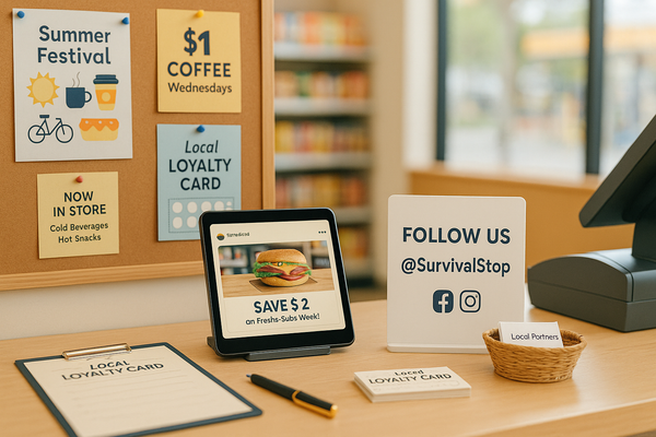 Counter display showing local marketing materials: Summer Festival flyer, $1 coffee Wednesday promotion, loyalty cards, tablet with food special, and Follow Us social media sign.