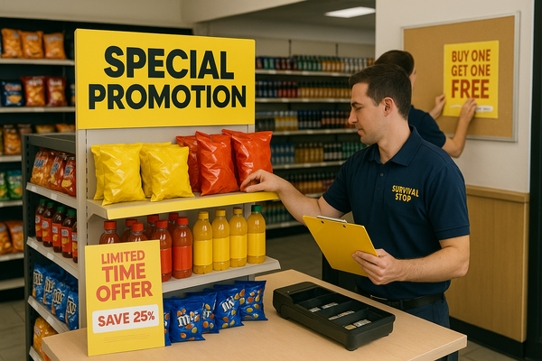 Male Survival Stop employee in navy polo organizing promotional snack display with "Special Promotion" and "Limited Time Offer Save 25%" signs, holding clipboard.