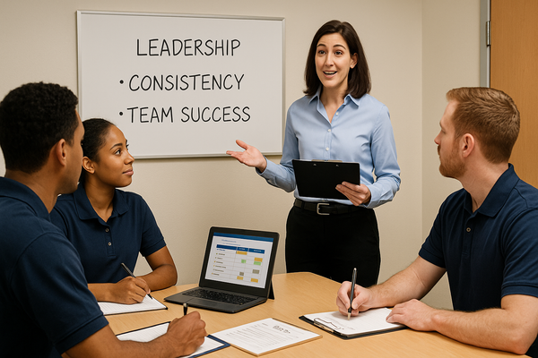 Female trainer in blue shirt presenting to three store managers in navy polos, with whiteboard showing "Leadership - Consistency - Team Success" and laptop on table.
