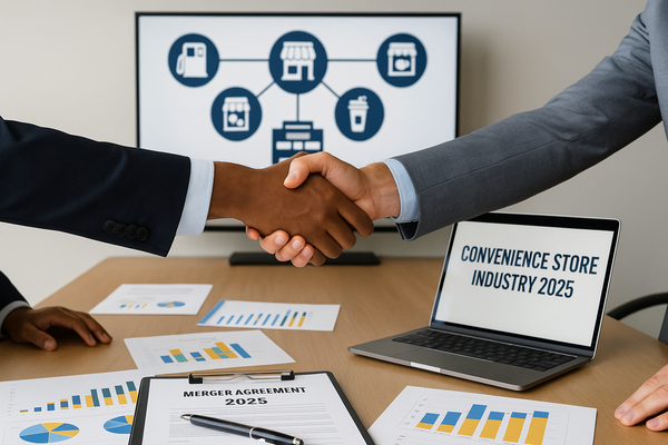 Two businessmen in suits shaking hands over conference table with "Merger Agreement 2025" document, laptop showing "Convenience Store Industry 2025", and financial charts.