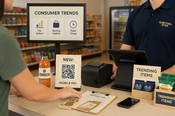 Convenience store counter showing consumer trends display, mobile pay QR code, kombucha bottle, trending items display, and Survival Stop employee at POS system.