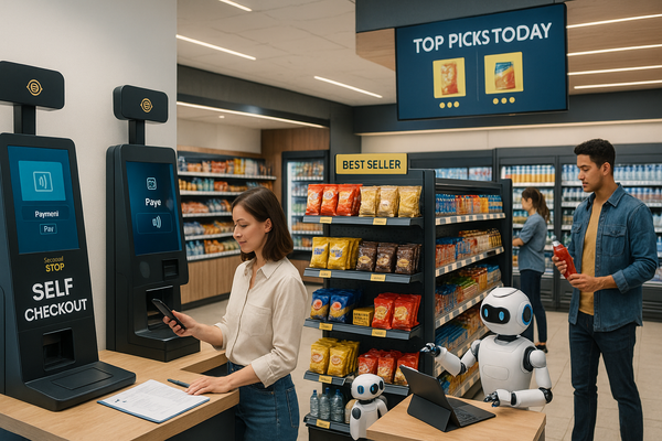 Futuristic convenience store with woman at self-checkout, AI robots on counter, "Top Picks Today" digital display, and customers shopping in background with modern technology.