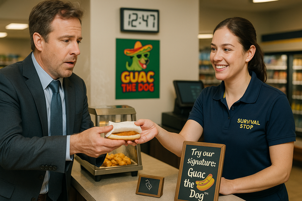 Smiling female Survival Stop employee in navy polo serving hot dog to businessman in suit, with "Try our Signature: Guac the Dog" promotional sign visible.