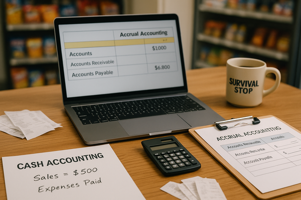 Workspace with cash vs. accrual accounting documents, laptop split-screen spreadsheet, calculator, and receipts, showing financial reporting methods.