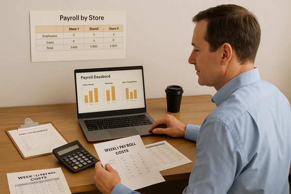 Manager analyzes payroll reports and staffing schedules on a laptop dashboard, focusing on labor hours, overtime, and store comparisons.