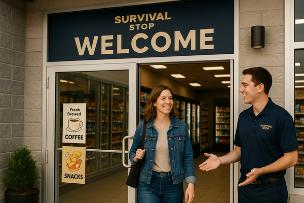 Glass doors with clear signage, tidy displays, and a smiling employee greet a customer at a Survival Stop entrance, showing store entrance strategies.