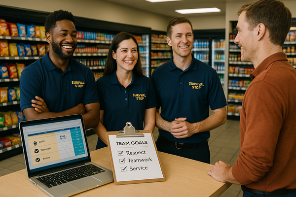 Employees in Survival Stop polos huddle at the front of the store near a “Team Goals” clipboard as a customer is greeted, symbolizing positive store culture.