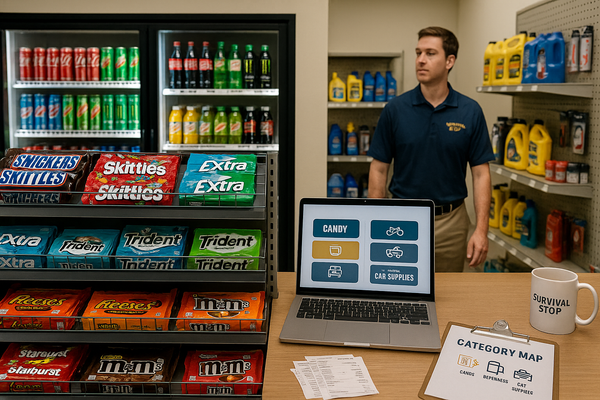 Neatly stocked convenience store shelves show candy, drinks, and car supplies, with a clipboard labeled “Category Map” symbolizing product organization.