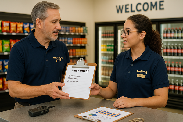 Shift change in a convenience store: one employee hands over a “Shift Notes” clipboard while the other listens attentively at the counter.