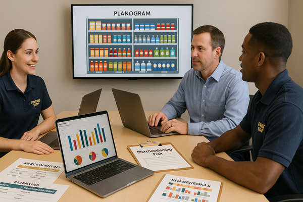 Managers sit with laptops, merchandising guides, and a large planogram screen, symbolizing strategy and consistency for multiple convenience store plans.