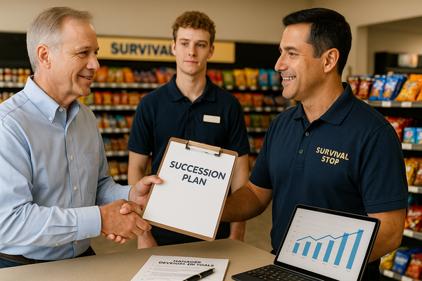 Convenience store manager receives a “Succession Plan” clipboard from a district manager as another employee watches, symbolizing future leadership.