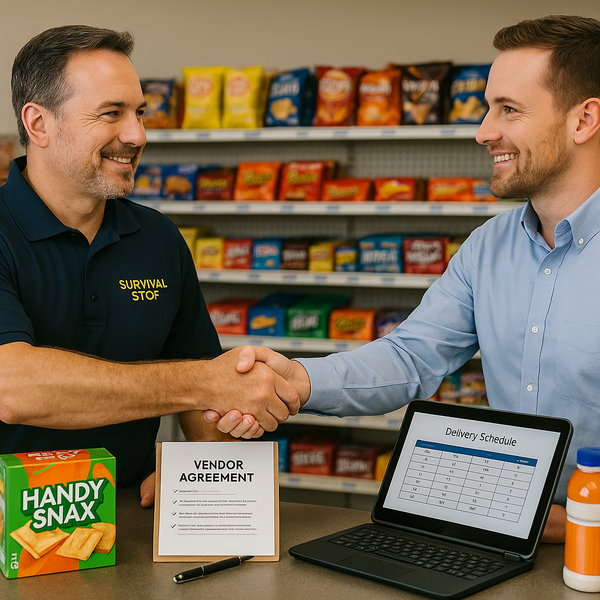 Manager and vendor in a convenience store shake hands across the counter with a “Vendor Agreement” clipboard and delivery schedule tablet visible.