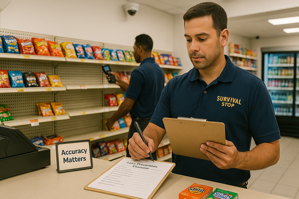 Store manager checks a “Loss Prevention Checklist” as another employee scans items; shelves and a security camera emphasize shrinkage control.