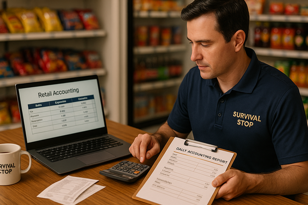 Store manager in a Survival Stop polo analyzes sales, expenses, and inventory reports on a laptop and clipboard while using a calculator in a back office.