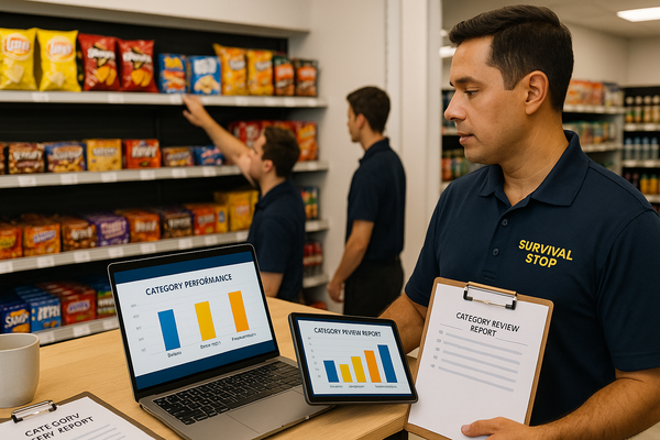 Store manager with tablet and “Category Review Report” analyzes snack, beverage, and food sales as staff adjust shelves, highlighting category management.