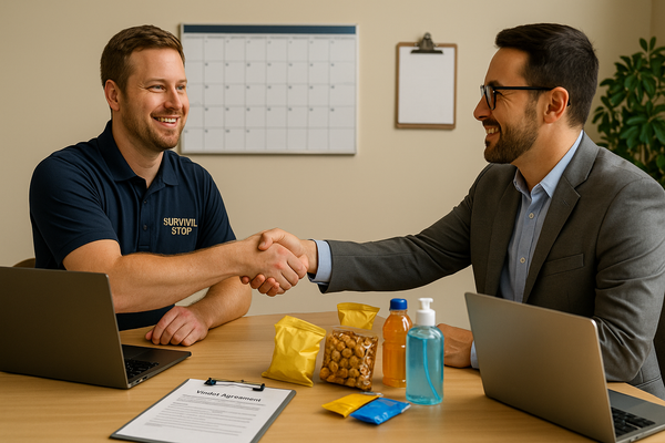 Store manager in Survival Stop polo meets with a vendor, reviewing a vendor agreement and product samples to strengthen business partnerships.