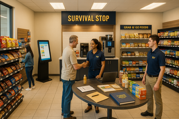 Modern convenience store with sleek shelves, digital kiosks, and diverse customers browsing snacks and fresh foods, symbolizing retail evolution.