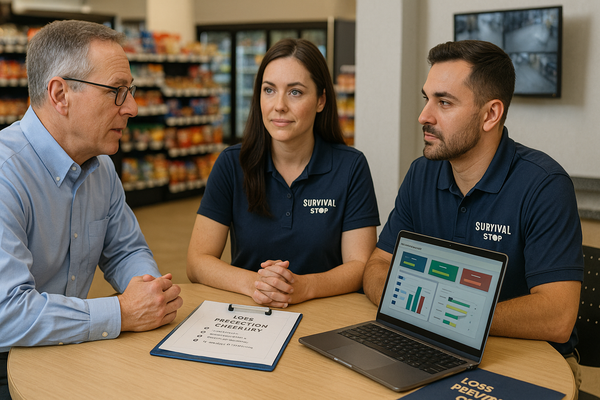 Managers sit with a binder, checklist, and loss prevention dashboard, symbolizing training and coaching to strengthen store security and reduce shrinkage.