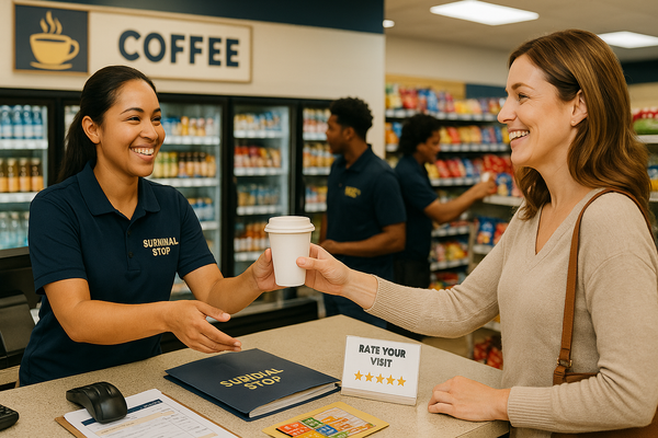Cashier in a Survival Stop polo serves a smiling customer while another employee restocks, representing excellent customer experience in a convenience store.