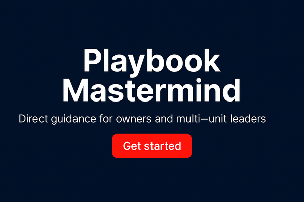 Promotional banner with "Playbook Mastermind" headline, "Coaching + accountability for C-store leaders" subtitle in white text on navy background, and red "Get started" button centered below.