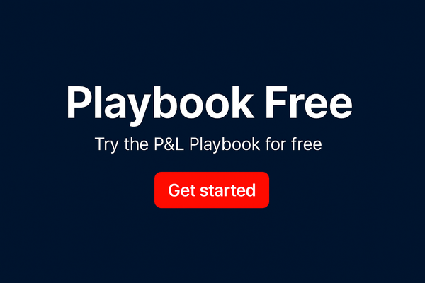Promotional banner with "Playbook Free" headline, "Try the P&L Playbook for free" subtitle in white text on navy background, and red "Get started" call-to-action button.