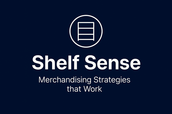 Book or guide cover featuring white shelving unit icon in circle above "Shelf Sense" title and "Merchandising Strategies that Work" subtitle on navy background.