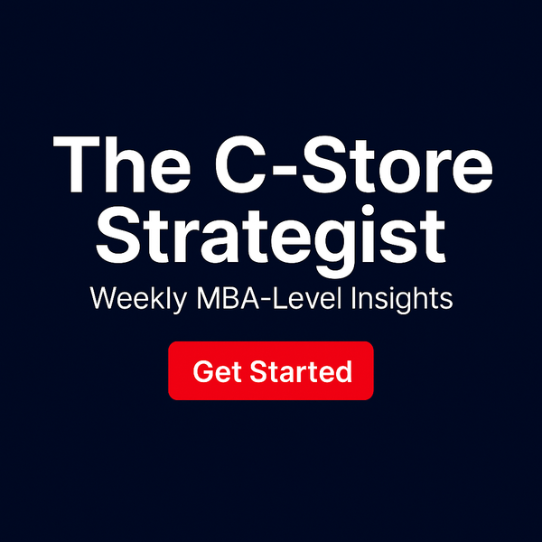 Header graphic for The C-Store Strategist featuring bold white text on a navy background with tagline “Weekly MBA-Level Insights” and a red Get Started button.